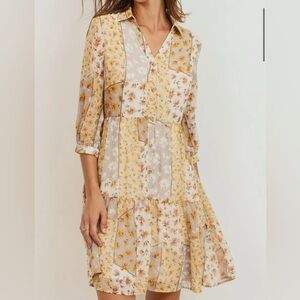 Paper Crane Yellow and Cream Tiered Ruffled Midi Dress women size S